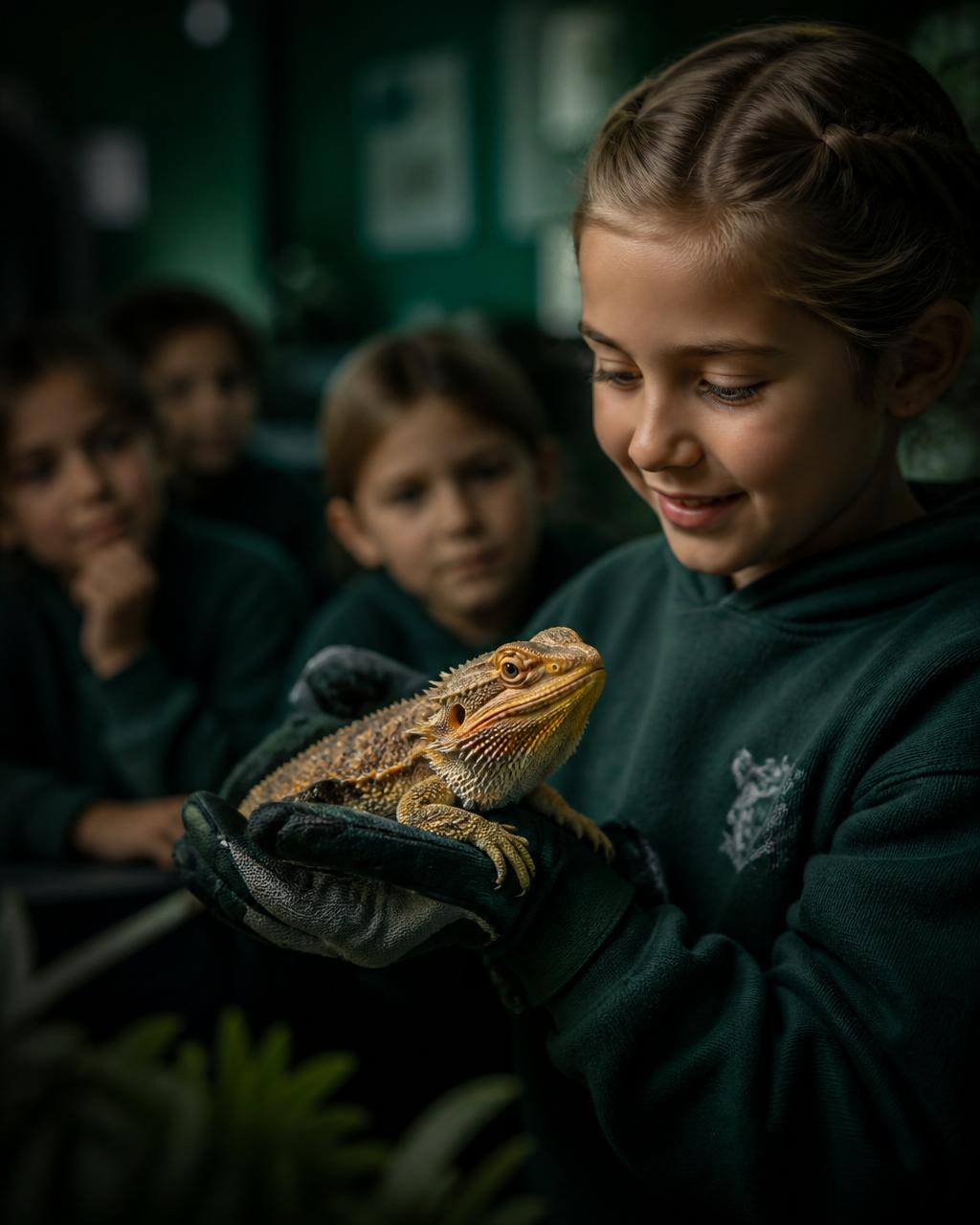 Child holding a bearded dragon during a reptile education program
